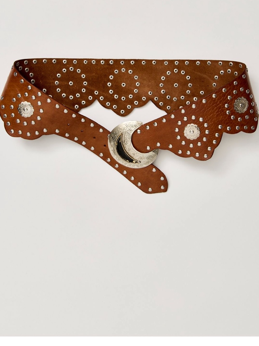 Free People Tan Scalloped Leather Belt with Silver Concho Buckle